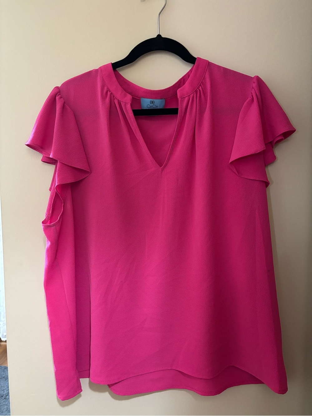 CeCe Hot Pink Ruffled Sleeve V-Neck Blouse, XL